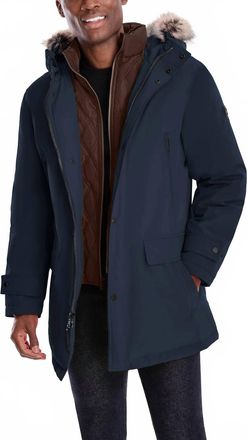 London Fog Artic Parka With Removable Faux Fur Trim On Hood In Midnight Blue
