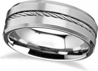 Allurez Steel Wire Cable Inlay & Beveled Edges Tungsten Wedding Band (8mm)