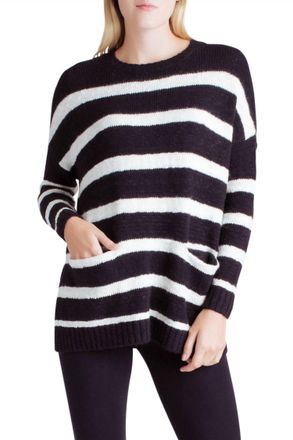 Kensie Striped Variegated Cotton Blend Long Sleeve Sweater With Pockets In Black
