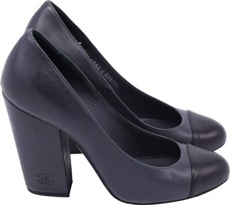 Chanel CC Cap Toe Block-Heel Pumps in Dark Grey Leather