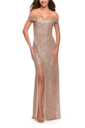 La Femme Off the Shoulder Ruched Sequin Dress with Slit in Rose Gold at Nordstrom, Size 10