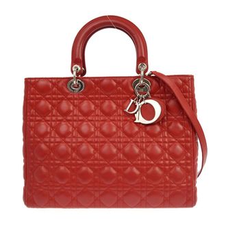 Dior Lady Dior Cannage Quilt Lambskin Red Leather Handbag (Pre-Owned)