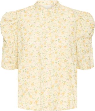 Ichi Gele Bloemenblouse met Pofmouwen - Dames - Blouses - Veelkleurig - XL - Katoen - Overhemden