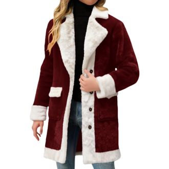 Generic Long Winter Coats for Women UK Sherpa Lined Christmas Jackets Cosy Warm Ladies Fleece Jacket Button Longer Length Long Sleeve Coat with Hood & Pockets