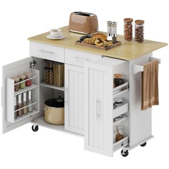 OEM Isla De Cocina Con Ruedas Encimera Plegable 2 Puertas Con Cierre Suave Bandeja Extra&iacute;ble 2 Cajones Blanco