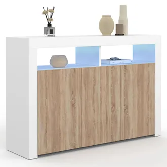 IDMarket Idmarket - 110 Cm Elight Credenza A 3 Ante Con Luce Led E Nicchie In Legno Bianco Ed Effetto Faggio