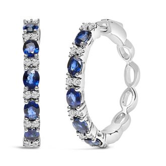 House of Brilliance 14K White Gold 4x3mm Oval Blue Sapphire and 1/4 Cttw Diamond Alternating Hoop Earring