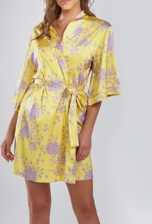 iCollection Floral Printed Satin Robe in Yellow-Purple at Nordstrom, Size X-Large