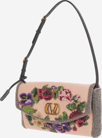 Valentino Garavani Womens Shoulder Bag Devain Small Embroidered Linen Multicolour