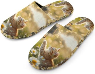Generic Cat Butterfly Daisy Flowers Mens Cotton Slippers Memory Foam Comfort House Shoes Winter Indoor Slipper for Hotel Casa Spa