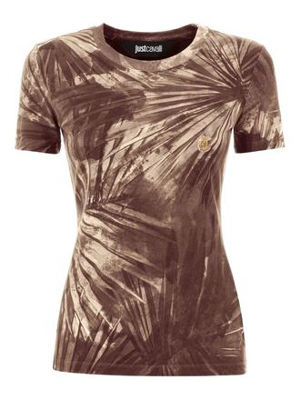 Just Cavalli palm tree-print logo-plaque T-shirt - women - Cotton - S - Neutrals