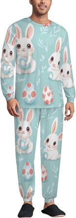 Generic Cute Bunny Eggs Easter Mens Pajamas Set Long Sleeve Lounge Pjs Soft Sleepwear Crewneck T-shirts & Bottoms