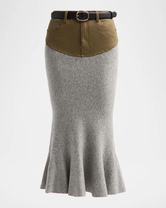 Self Portrait Denim-Insert Knit Midi Skirt
