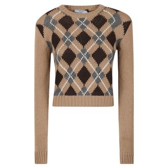Prada Cashmere Knitwear, female, Multicolor, Size: M Diamond Pattern Crewneck Sweater