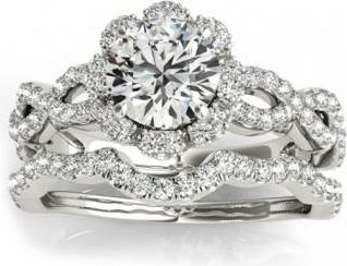 Allurez Halo Lab Grown Diamond Engagement & Wedding Rings Bridal Set 14k W. Gold 0.83ct