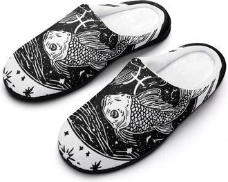 Generic Pisces Constellation Two Fish Mens Warm Slippers Non-Slip Sole Winter Rubber Cotton Shoes for Bedroom