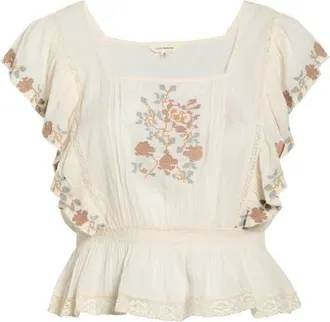 Lucky Brand Floral Embroidered Gauze Top in Cream at Nordstrom, Size Xx-Large