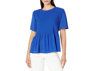 CeCe by Cynthia Steffe Pin Tuck Blouse with Flutter Sleeve Womens Clothing Royal Blue : MD, Polyester/Spandex