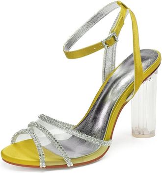 Generic Wedding Bridal Heels Womens Heels Ankle Strap Chunky Heel Dress Sandals Open Toe Bridal Satin Prom Party Dress Pumps 10.5Cm,Yellow,3 UK