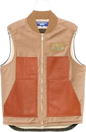 Junya Watanabe Beige Trui met Leren Panelen - Heren - Bodywarmers - Beige - M - Jassen