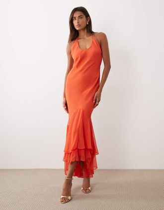 Asos Vestito lungo rosso con spalline sottili e gonna a sirena con volant