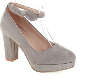 Generic Womens Platform Pumps Suede Round Toe Chunky Block Heel Ankle Strap Bow Accent Buckle Closure Dress Shoes Comfortable for Fashion Party,Grey,7.5 UK
