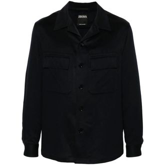 Ermenegildo Zegna Overhemden, Heren, Blauw, XL, Kasjmier, Blauwe Kasjmier Geborstelde Overhemd