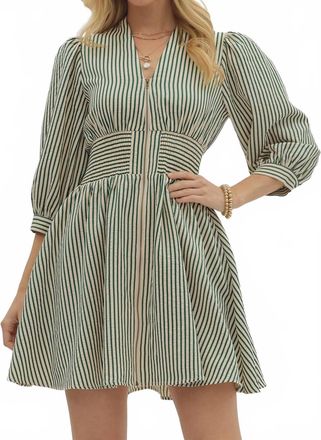 Entro Puff Sleeve Striped Mini Dress In Green/white