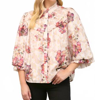 Fate Metallic Floral Chiffon Sleeve Blouse In Cream