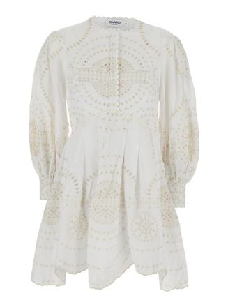 Charo Ruiz Ibiza Asahi White Dress With All-Over Embroidery Design And Pleated Skirt In Cotton And Linen Blend Woman