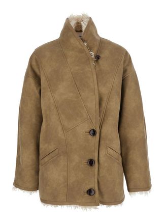Isabel Marant Beige Shearling Coat With High Collar And Button Closure In Leather And Fur Woman