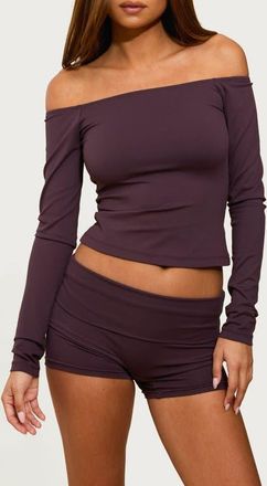 Edikted Tezia Off the Shoulder Long Sleeve Crop Top in Plum at Nordstrom, Size X-Large