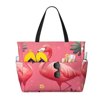 Generic Pink Flamingo Print Large Beach Bag Foldable Travel Shoulder Tote Bag With Pocket For Weekender Pool Vacation