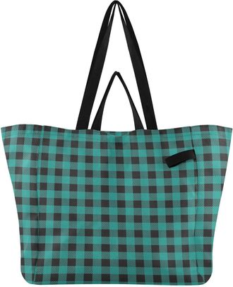 Generic Plaid Black Teal print Reusable Canvas Tote Bag, Heavy Duty Grocery Shopping Bag with Hard Bottom Large Capacity Double Handles Work Groceries Travel