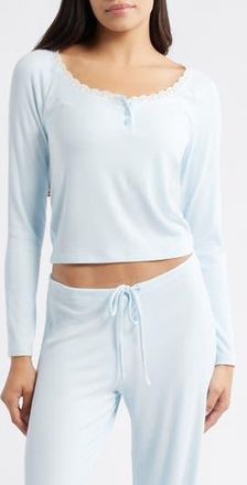 Open Edit Daydream Lace Trim Rib Crop Top in Blue Delicate at Nordstrom Rack, Size Large