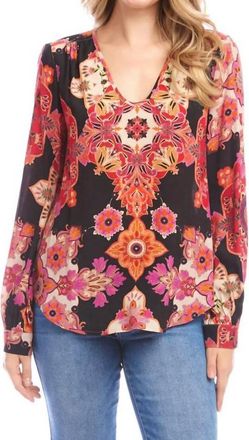 Karen Kane Womens Long Sleeve Shirred Blouse In Geometric