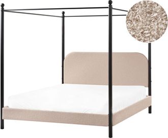 Beliani Cama Con Dosel De Metal Negro Retro Minimalista Somier De Listones Madera De &Aacute;lamo Tapicer&iacute;a De Boucl&eacute; Gris Pardo 160 X 200 Cm Dannemois