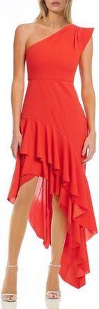 Badgley Mischka Ruffle One-Shoulder Asymmetric Hem Cocktail Dress in Orange Coral at Nordstrom Rack, Size 14