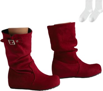 Generic Womens Slouch Boots with Wedge Heel, Fashionable Suede-Look Mid-Calf Boots with Buckle Detail And Non-Slip Sole, Comfortable Ankle Boots for Autumn An