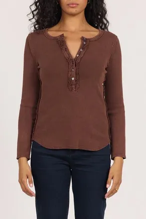Dear John Denim Edie Long Sleeve Placket Button Front Rib T-Shirt in Washed Cappuccino at Nordstrom, Size X-Small