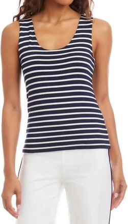 Karen Kane Stripe Scoop Neck Double Layer Tank In Navy And White Stripes