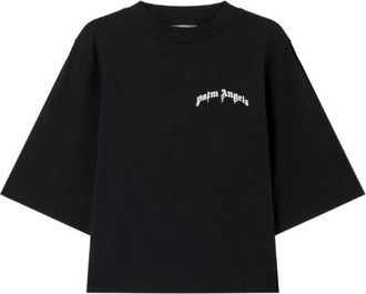 Palm Angels Mini Curved Logo Boxy T-Shirt - Dames - T-shirts - Zwart - S - Katoen - Tops