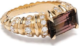 Lizzie Mandler 18kt yellow gold One of a Kind Fluted Crescent ring - women - Tourmaline/18kt Yellow Gold/Diamond - One Size