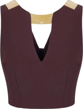 Elisabetta Franchi Top van dubbel stretchcr&ecirc;pe met juwelenhalslijn - Dames - Tops zonder mouwen - Bruin - S - Leer - Tops