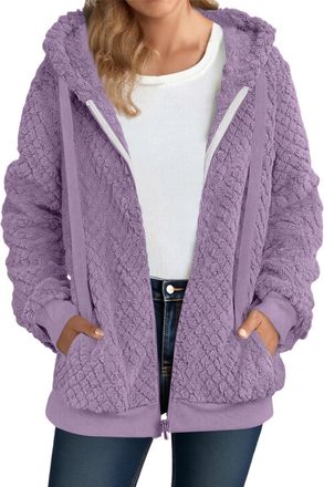 Generic Women Fluffy Plush Hooded Jacket with Pockets Teddy Bear Fleece Full Zip Coats Ladies Oversized Hoodie Jackets Sweatshirt Fluffy Winter Warm Outwear C