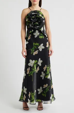 Julia Jordan Floral Organza Gown in Black Multi at Nordstrom, Size 10