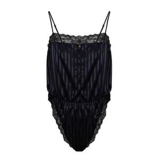 Versace Tops, Dames, Zwart, M, Body van Jacquardzijde met kanten afwerking