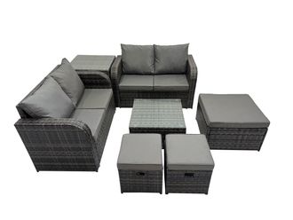 Fimous Love Sofa Square Coffee Table Set with Side Table 3 Stools in Dark Grey