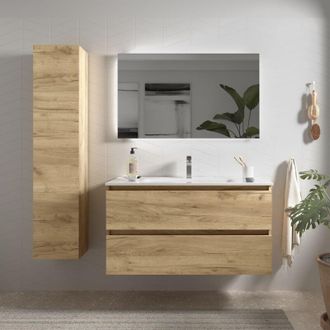 Cygnus Bath Mueble De Ba&ntilde;o Bequia 100 Cm Roble Con Lavabo De Porcelana