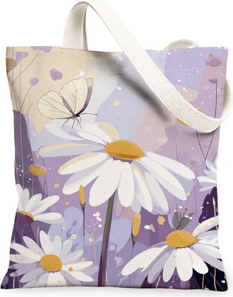 Generic Floral Canvas Tote Bags, Chrysanthemum Pattern Reusable Grocery Bags, Spring Vintage Lightweight Washable Shoulder Strap Ca, Violet, 13x15 Inch